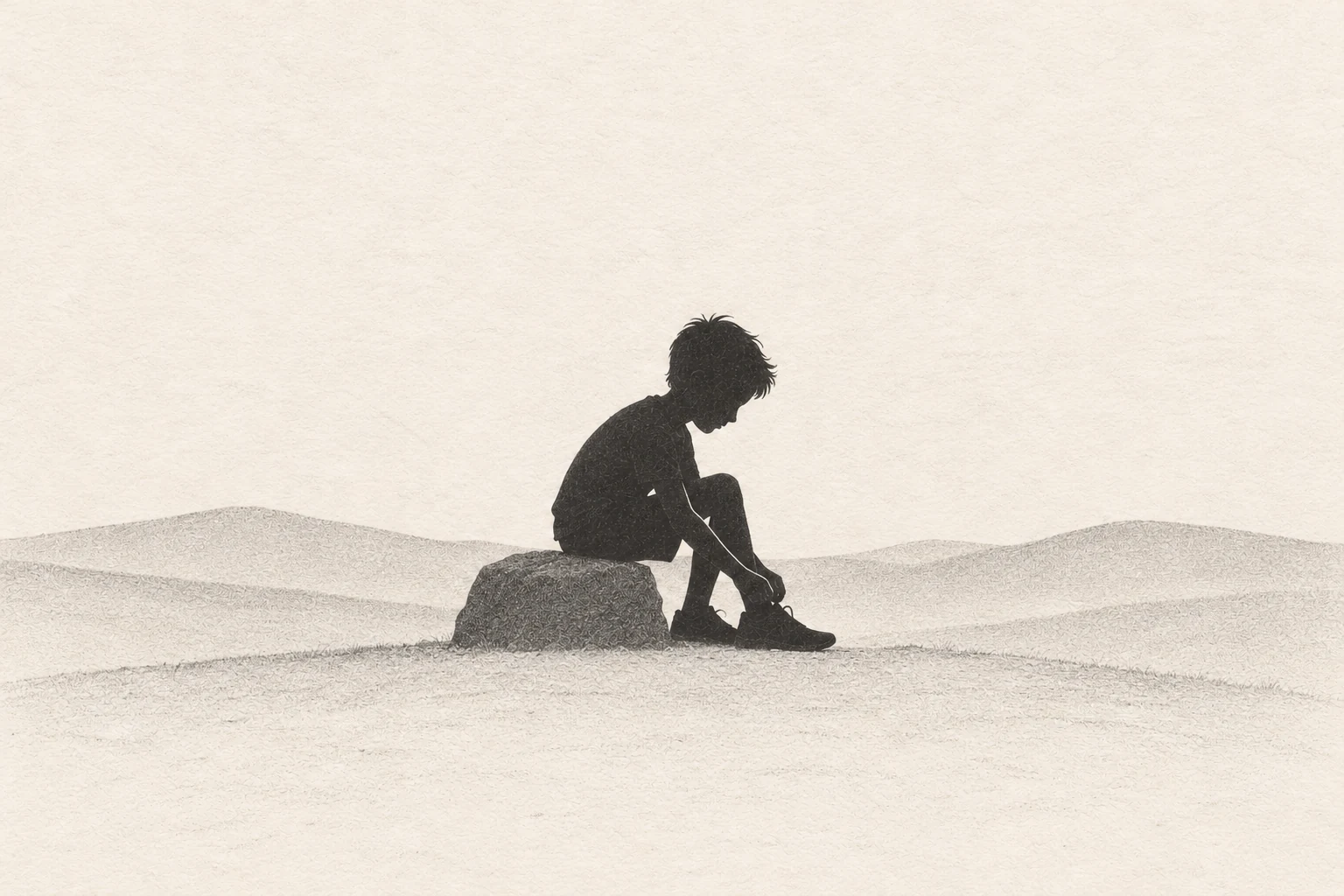 A pencil-drawn boy sitting on a stone and tying his running shoe.